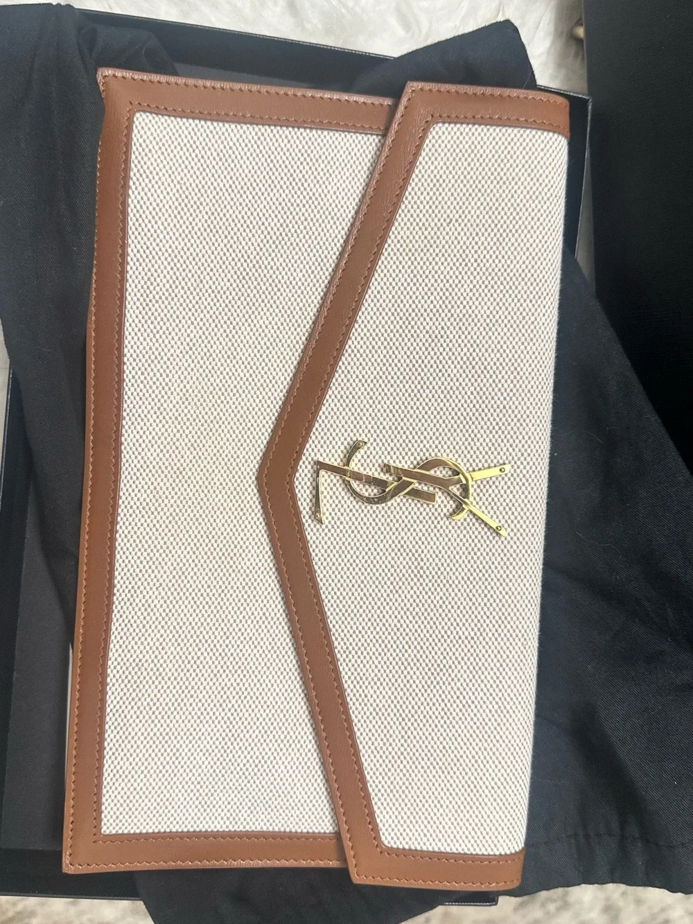 Yves Saint Laurent Cream Canvas and Brown Leather Trim Clutch w/ Gold Uptown Bag
